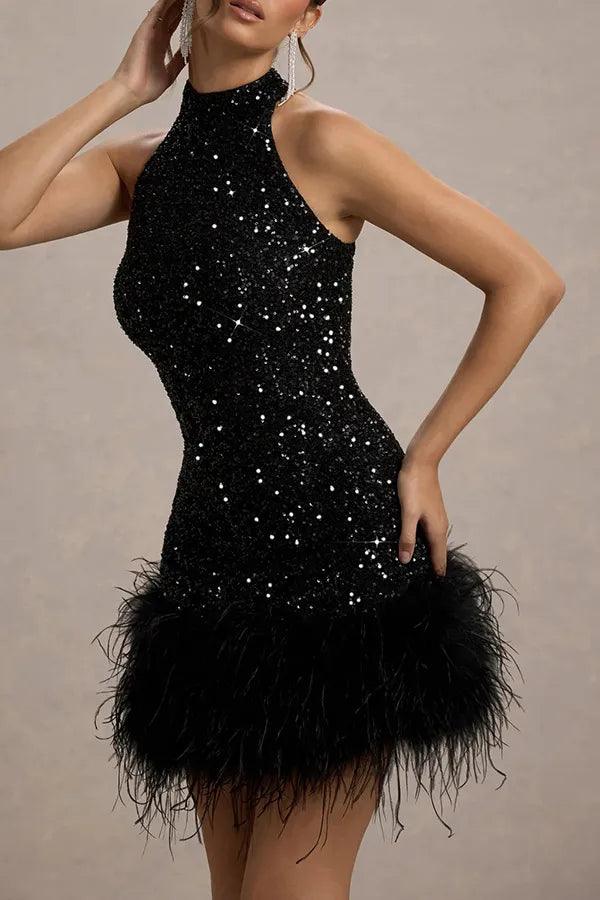 Women's Beaded Halter Mini Dress - Feather Trim Hem - Sleeveless