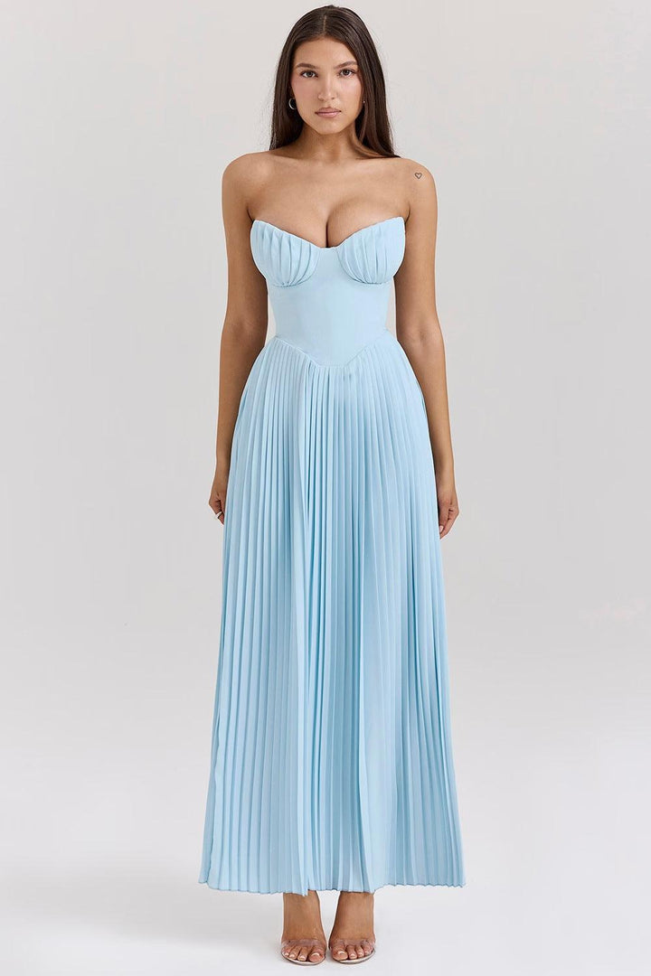 Women's Strapless Flowy Pleated Midi Dress - Sweetheart Corset Bodice