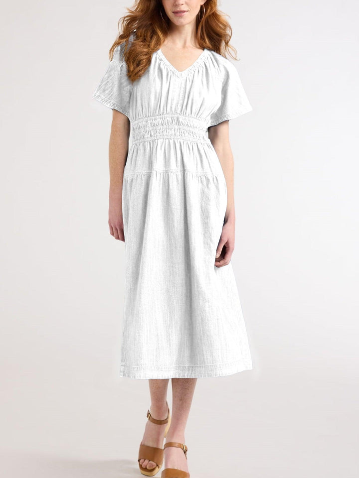 Denim Tiered Midi Dress with Pockets – Casual