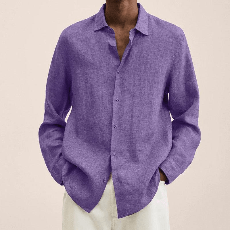 Men's Long Sleeve Linen Button Down Shirt - Spread Collar