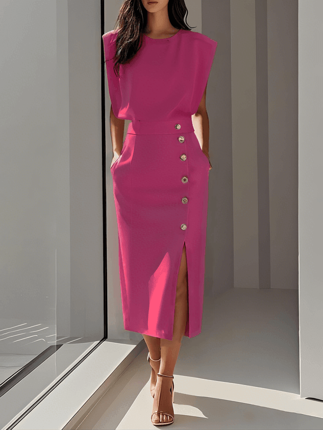 Women's Cocktail Sleeveless Button Detail Midi Dress
