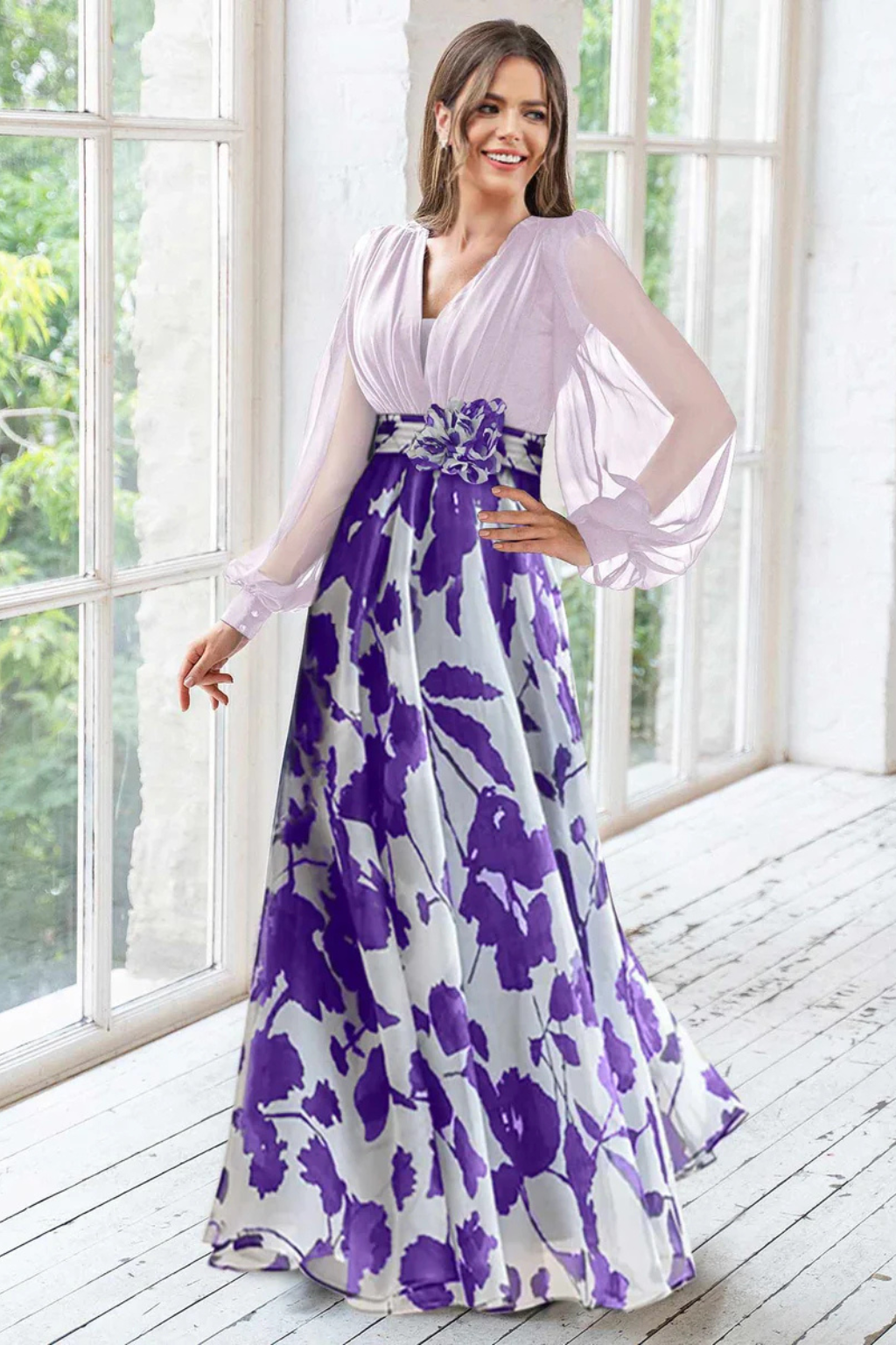 Valentina | Women V Neck Balloon Sleeve Floral Print Maxi Wedding Guest Dress