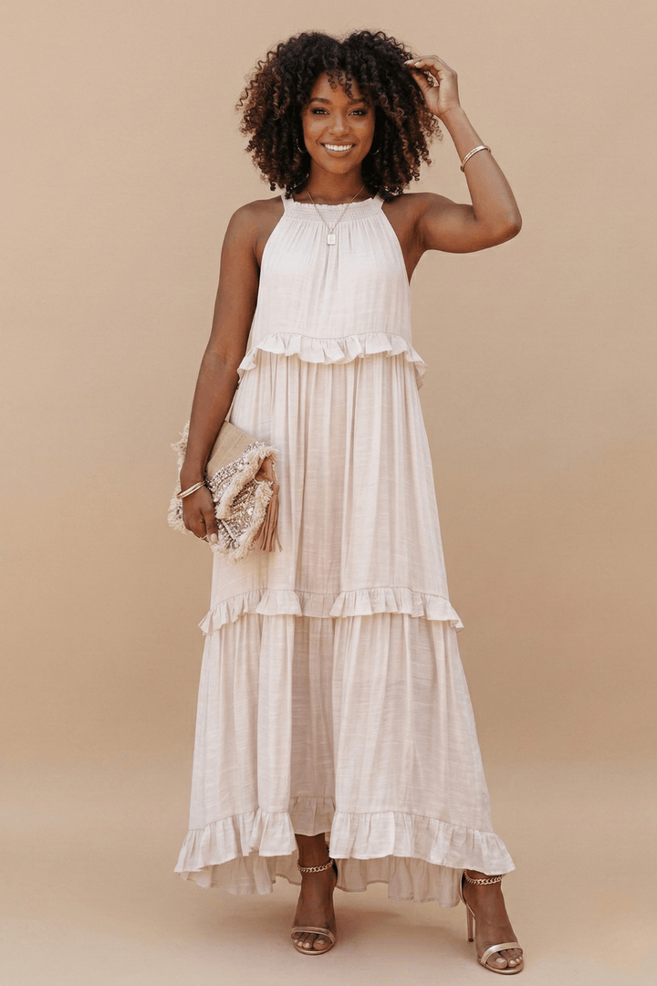 Women's Halter Neck Tiered Maxi Dress - Flowy Ruffle Hem Summer Dress with Pockets