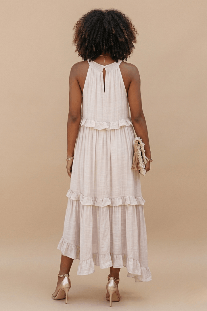 Women's Halter Neck Tiered Maxi Dress - Flowy Ruffle Hem Summer Dress with Pockets
