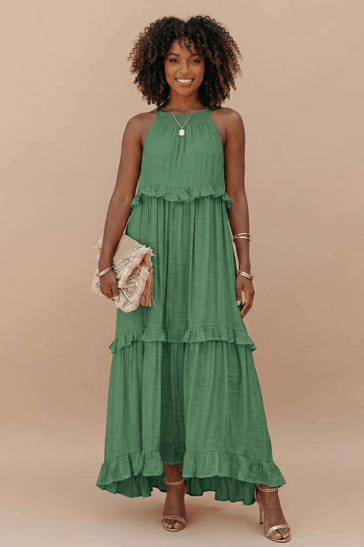 Women's Halter Neck Tiered Maxi Dress - Flowy Ruffle Hem Summer Dress with Pockets