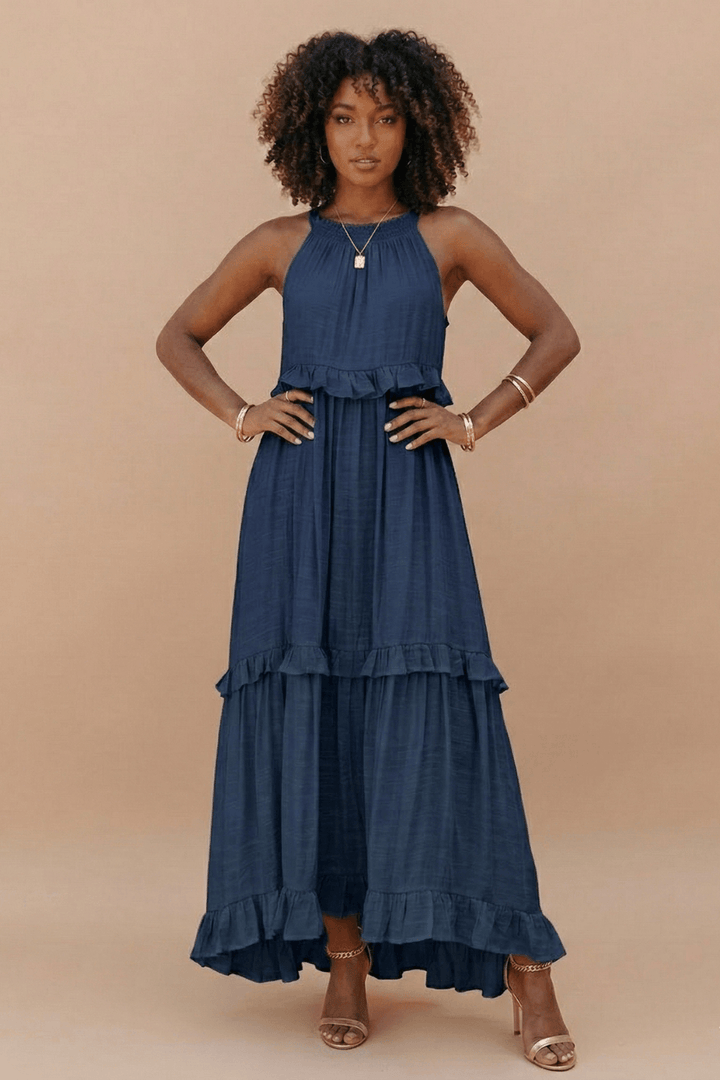 Women's Halter Neck Tiered Maxi Dress - Flowy Ruffle Hem Summer Dress with Pockets