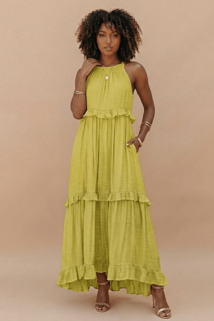 Women's Halter Neck Tiered Maxi Dress - Flowy Ruffle Hem Summer Dress with Pockets