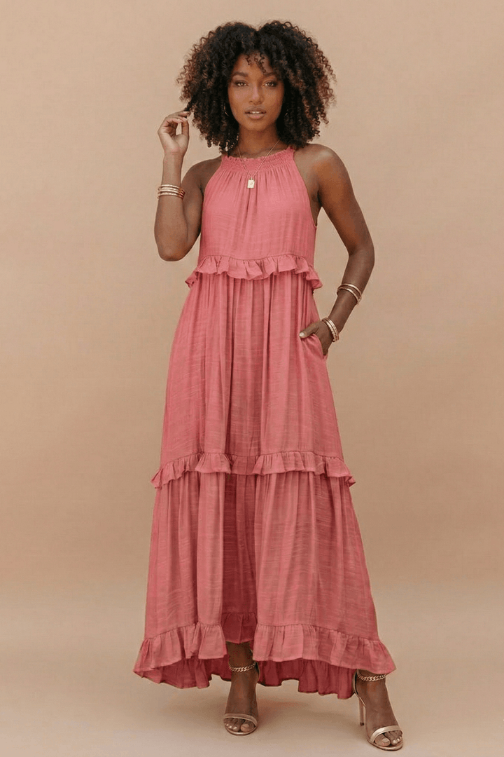 Women's Halter Neck Tiered Maxi Dress - Flowy Ruffle Hem Summer Dress with Pockets