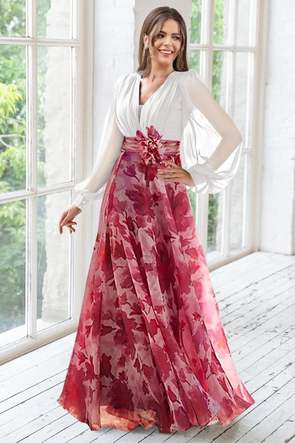 Valentina | Women V Neck Balloon Sleeve Floral Print Maxi Wedding Guest Dress