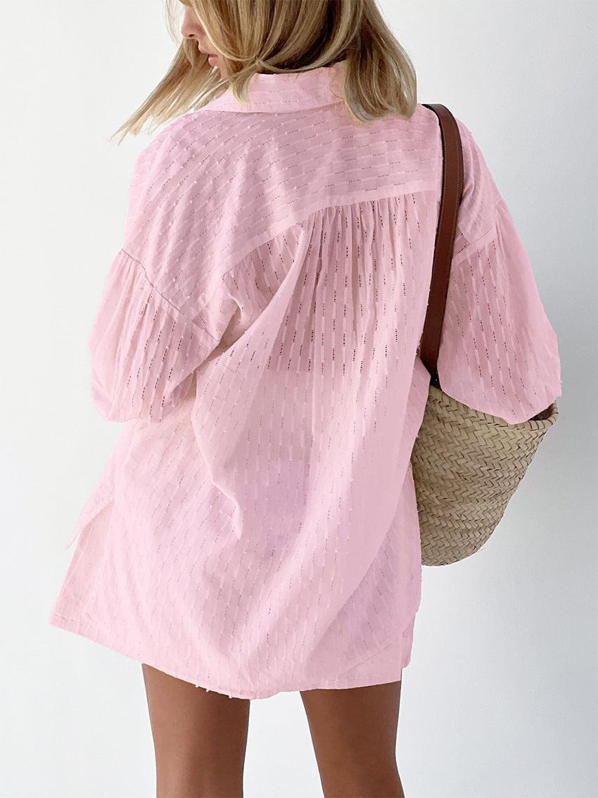 Women's Summer Set - Broderie Stripe Short Set - Oversized Long-Sleeve Shirt and Matching Shorts Casual Summer Outfit