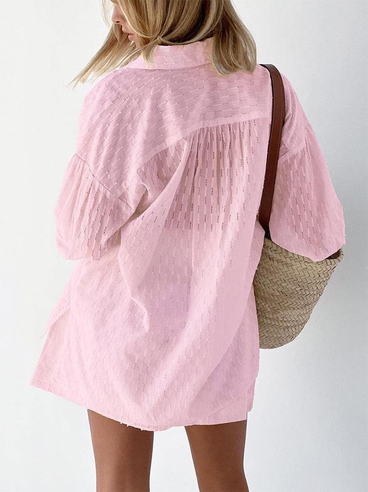Women's Summer Set - Broderie Stripe Short Set - Oversized Long-Sleeve Shirt and Matching Shorts Casual Summer Outfit