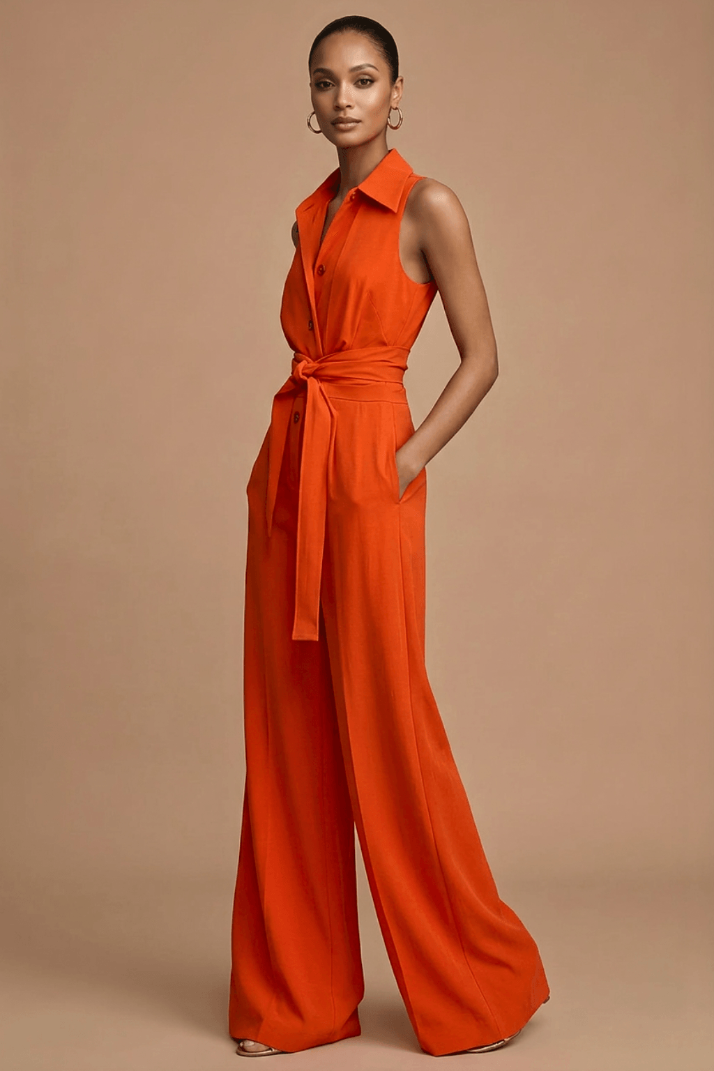 Women’s Sleeveless Wide Leg Jumpsuit with Collar Neck Button Front and Waist Tie