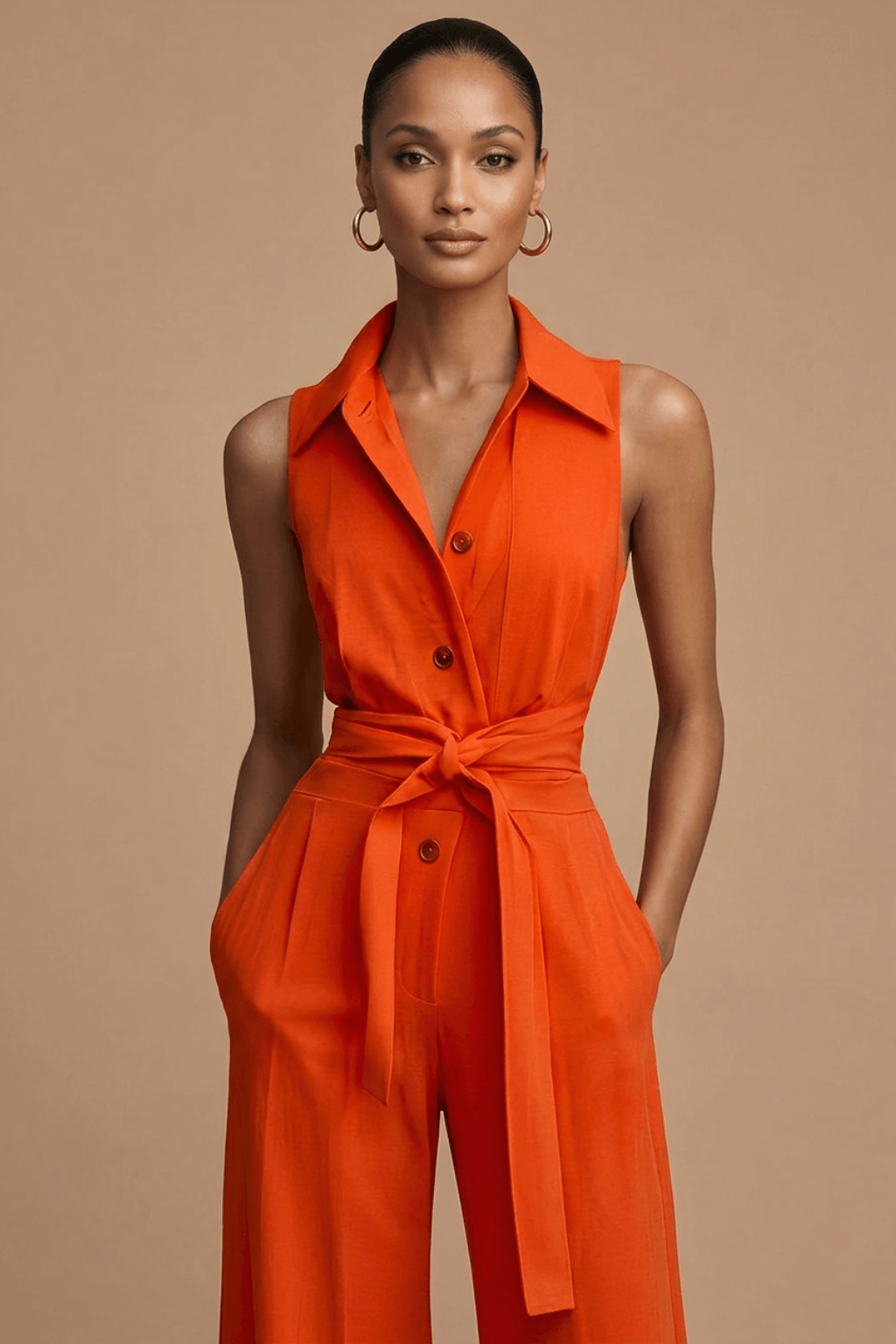 Women’s Sleeveless Wide Leg Jumpsuit with Collar Neck Button Front and Waist Tie
