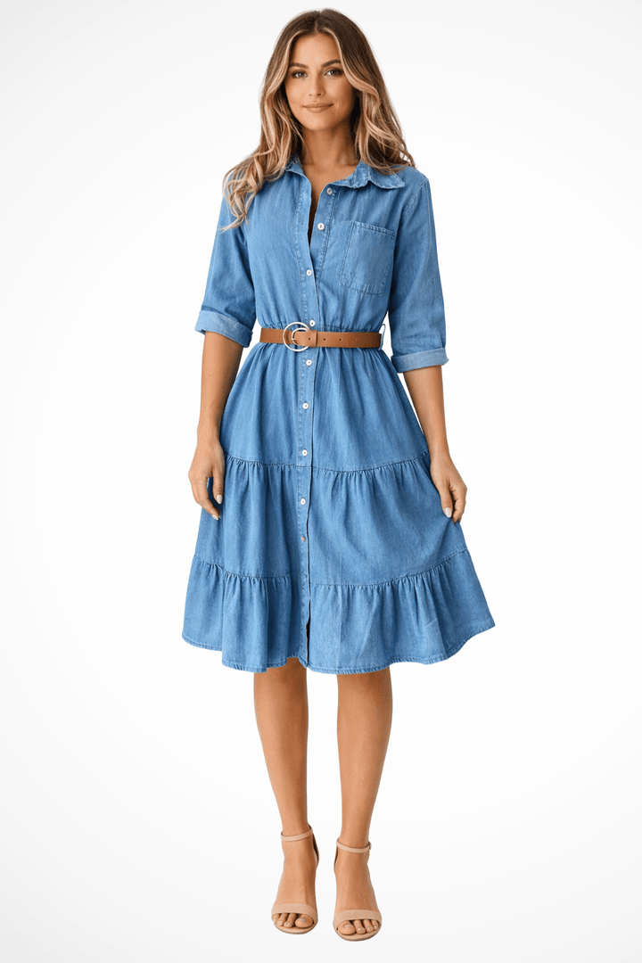 Denim Tiered Midi Shirt Dress with Belt – Casual Everyday