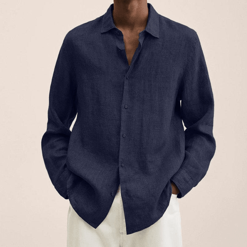 Men's Long Sleeve Linen Button Down Shirt - Spread Collar