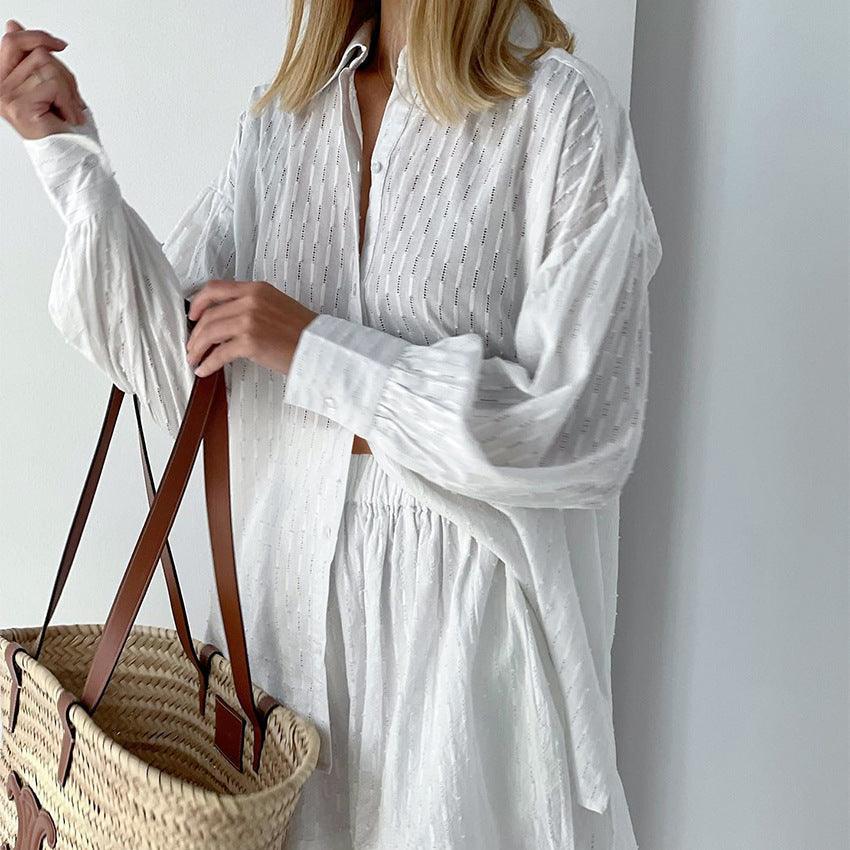 Women's Summer Set - Broderie Stripe Short Set - Oversized Long-Sleeve Shirt and Matching Shorts Casual Summer Outfit