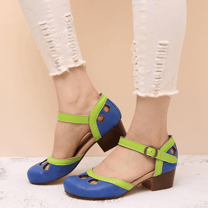 Women’s Blue Mary Jane Heels – Green Strap Low Block Heel Pumps for Casual Party Dress Wear
