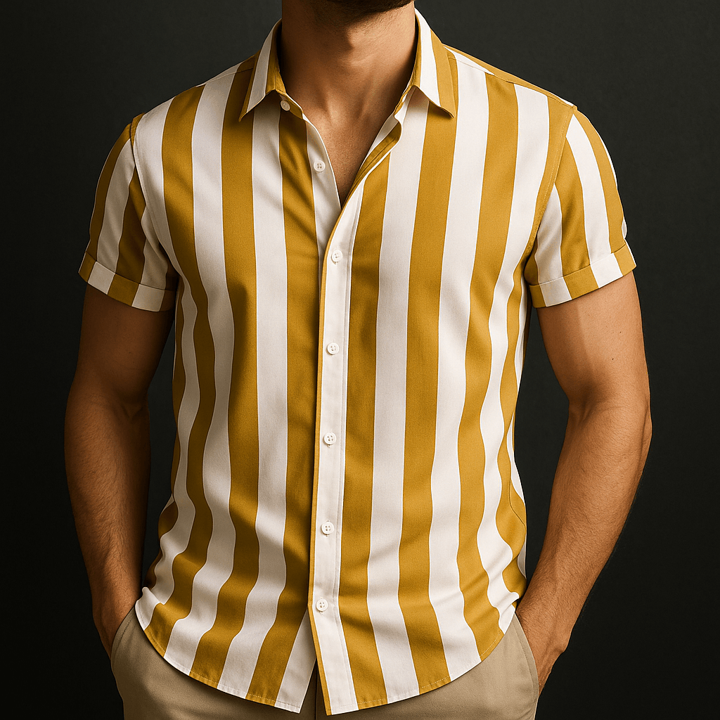 Men’s Short Sleeve Button-Up Shirt with Vertical Stripe Pattern