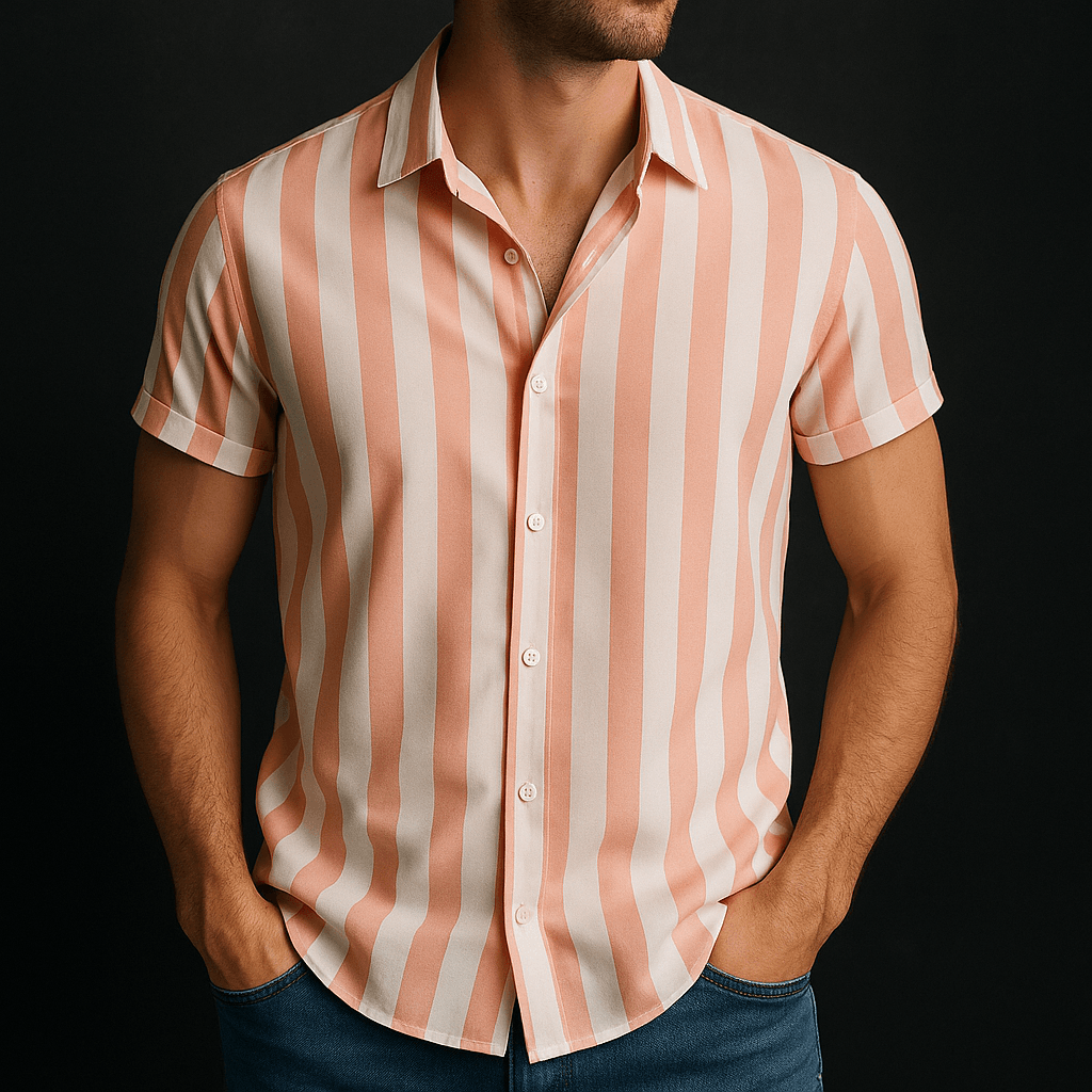 Men’s Short Sleeve Button-Up Shirt with Vertical Stripe Pattern
