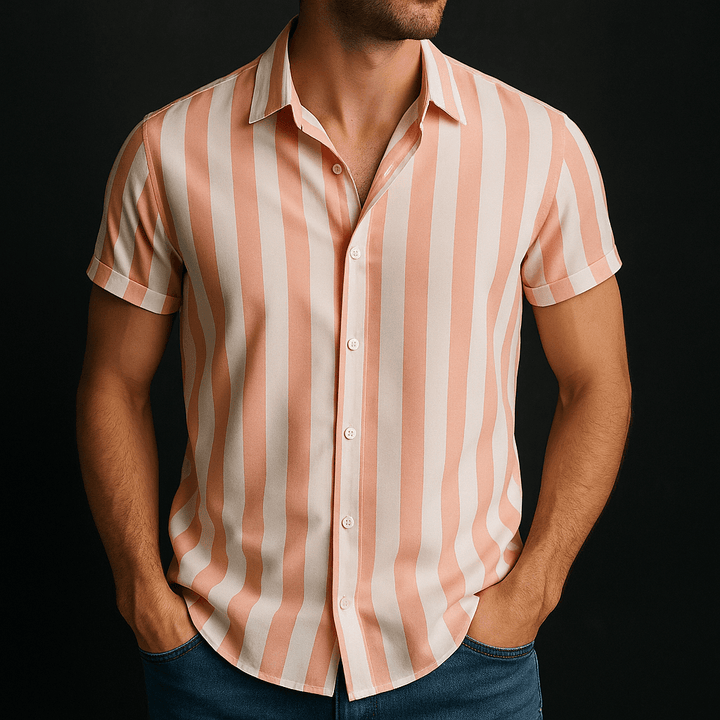 Men’s Short Sleeve Button-Up Shirt with Vertical Stripe Pattern