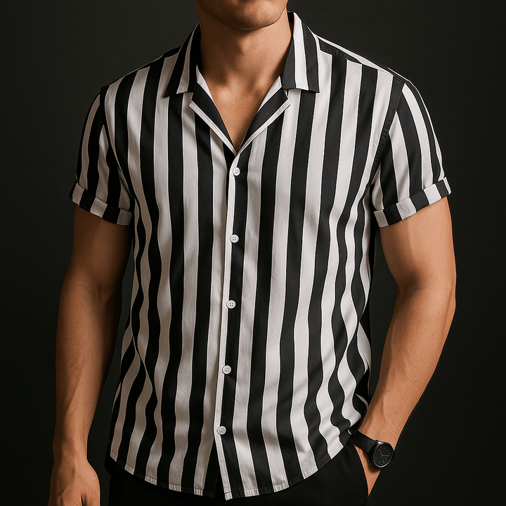 Men’s Short Sleeve Button-Up Shirt with Vertical Stripe Pattern