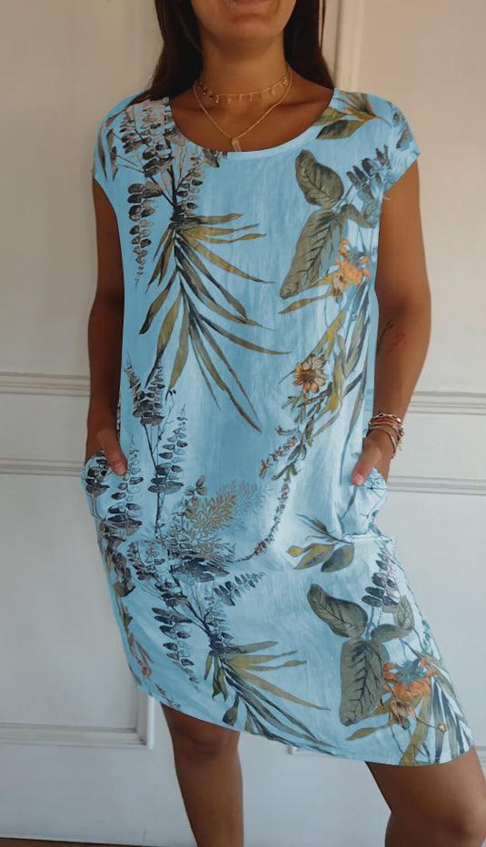 Isla | Women’s Casual Leaf Print Midi Summer Dress with Patch Pockets