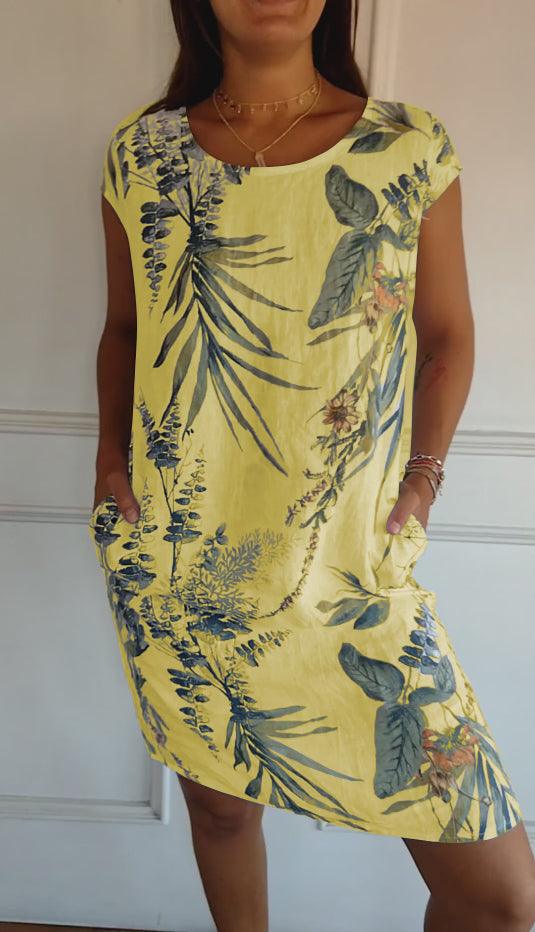 Isla | Women’s Casual Leaf Print Midi Summer Dress with Patch Pockets