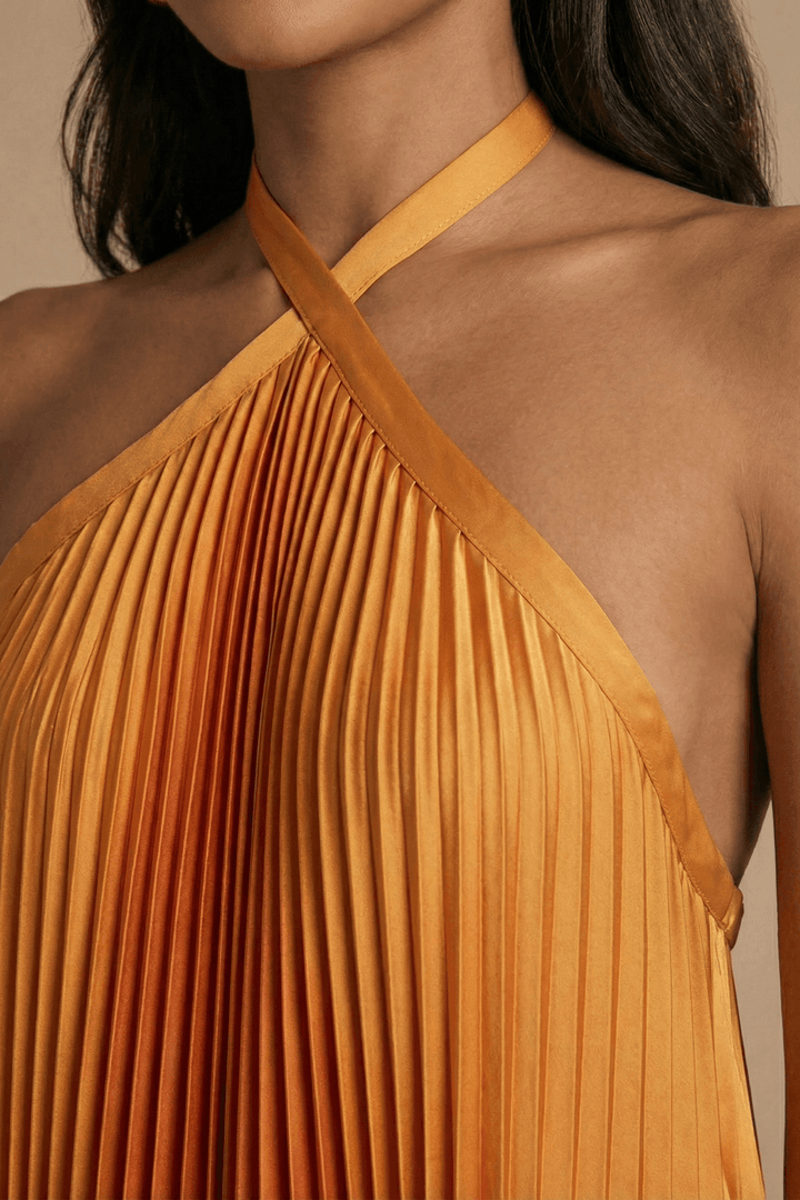 Women’s Open Back Halter Pleated Maxi Dress with Tie Closure