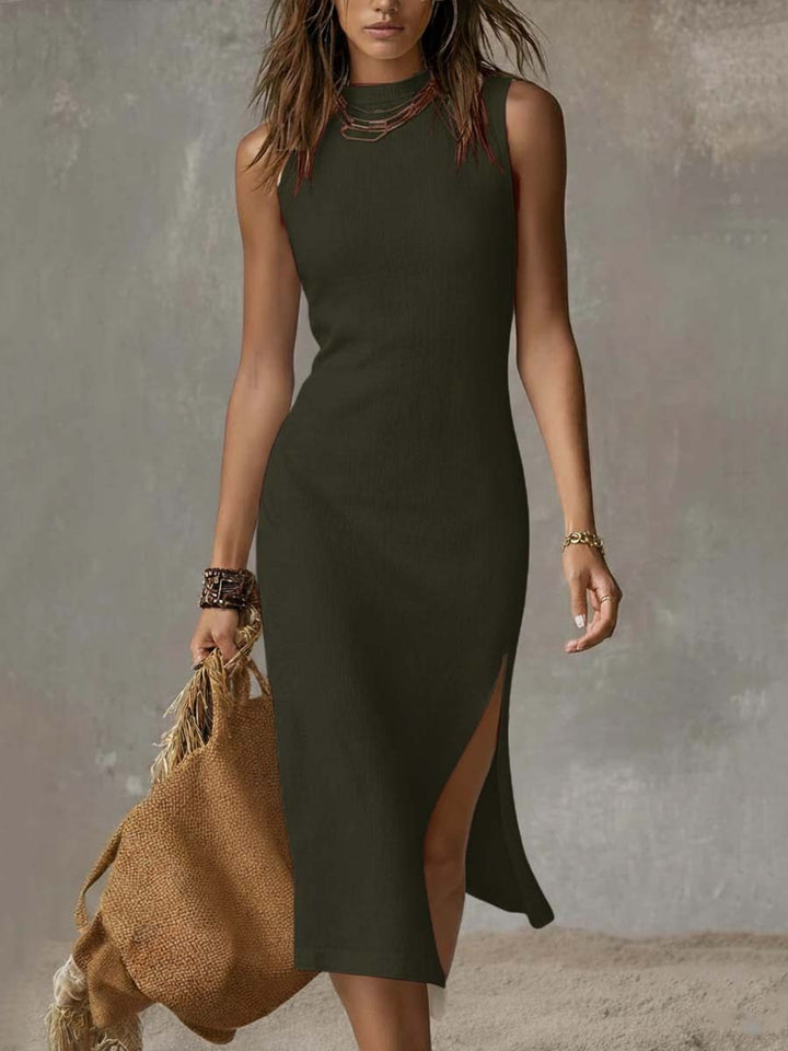 Women's Stand Collar Side Split Midi Dress - Sleeveless
