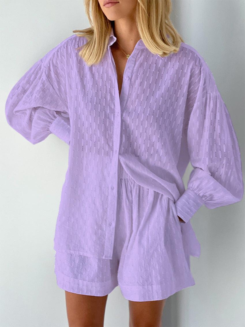 Women's Summer Set - Broderie Stripe Short Set - Oversized Long-Sleeve Shirt and Matching Shorts Casual Summer Outfit