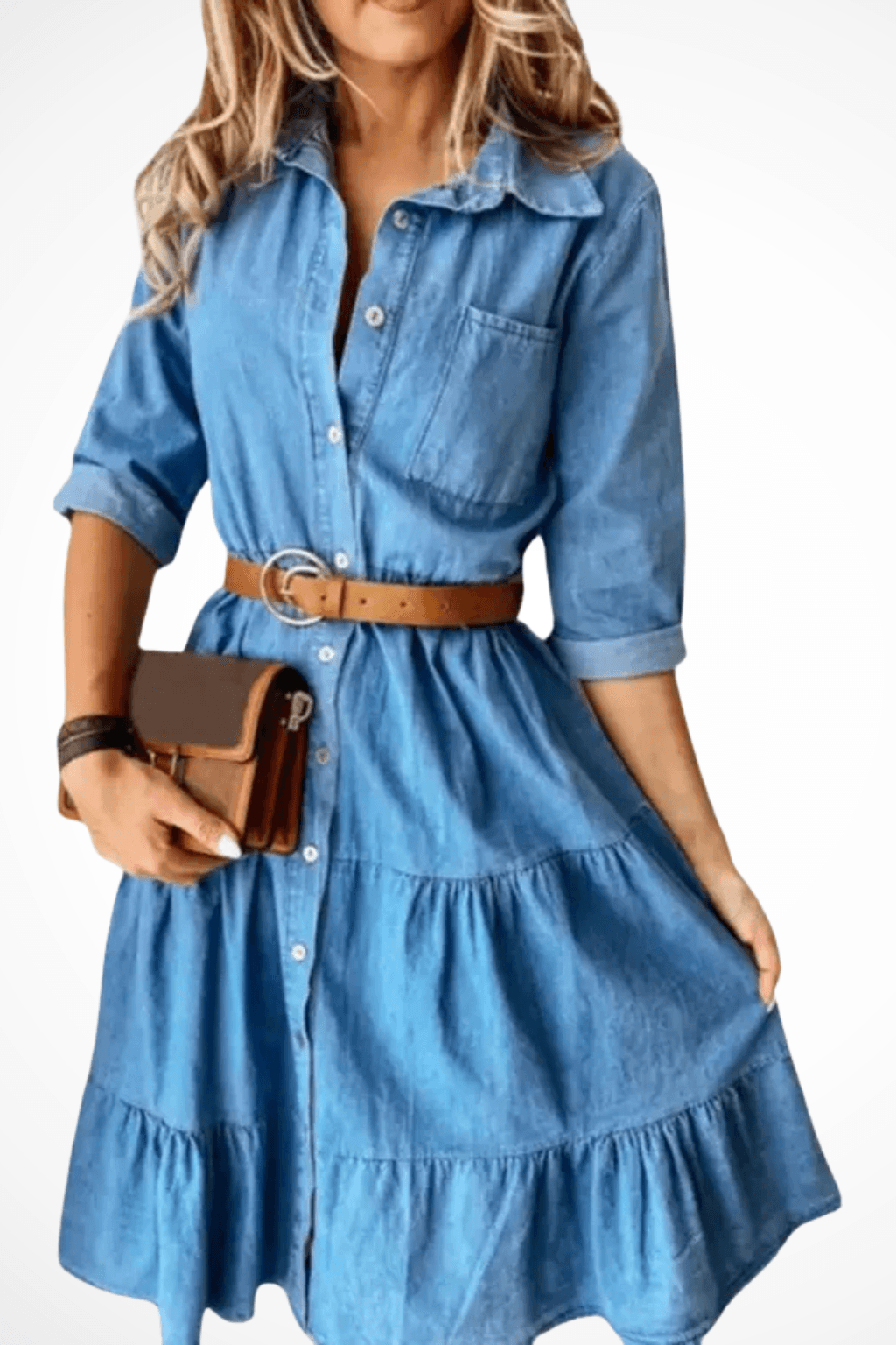 Denim Tiered Midi Shirt Dress with Belt – Casual Everyday