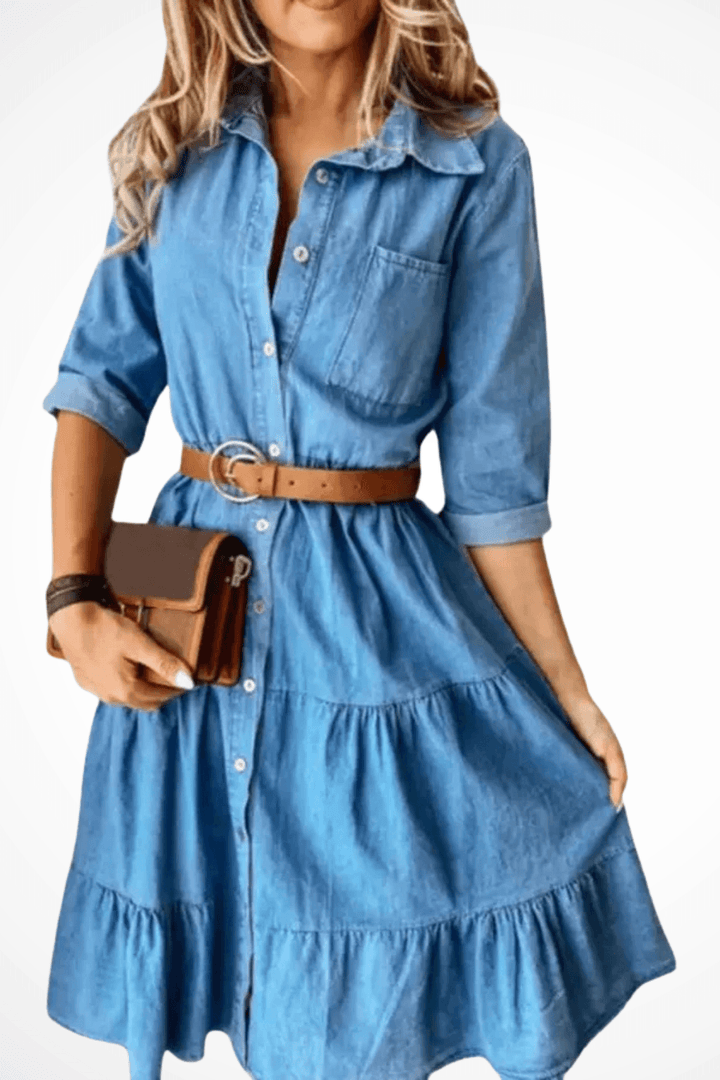 Denim Tiered Midi Shirt Dress with Belt – Casual Everyday