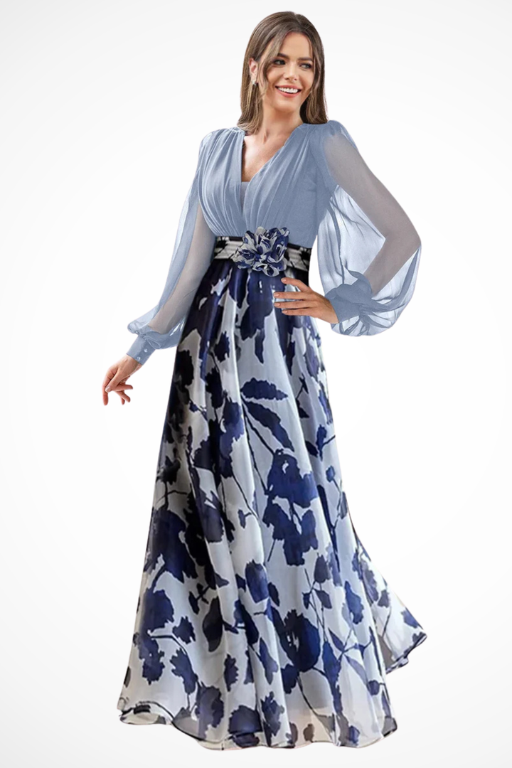 Valentina | Women V Neck Balloon Sleeve Floral Print Maxi Wedding Guest Dress
