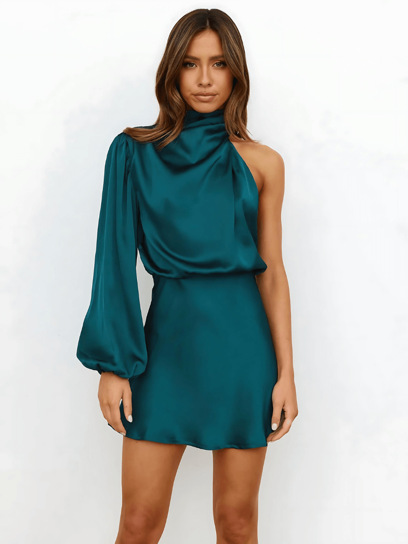Women's Satin Mini Dress - One Shoulder - High Neck Draped Collar - Long Sleeve - Formal Mini Dress