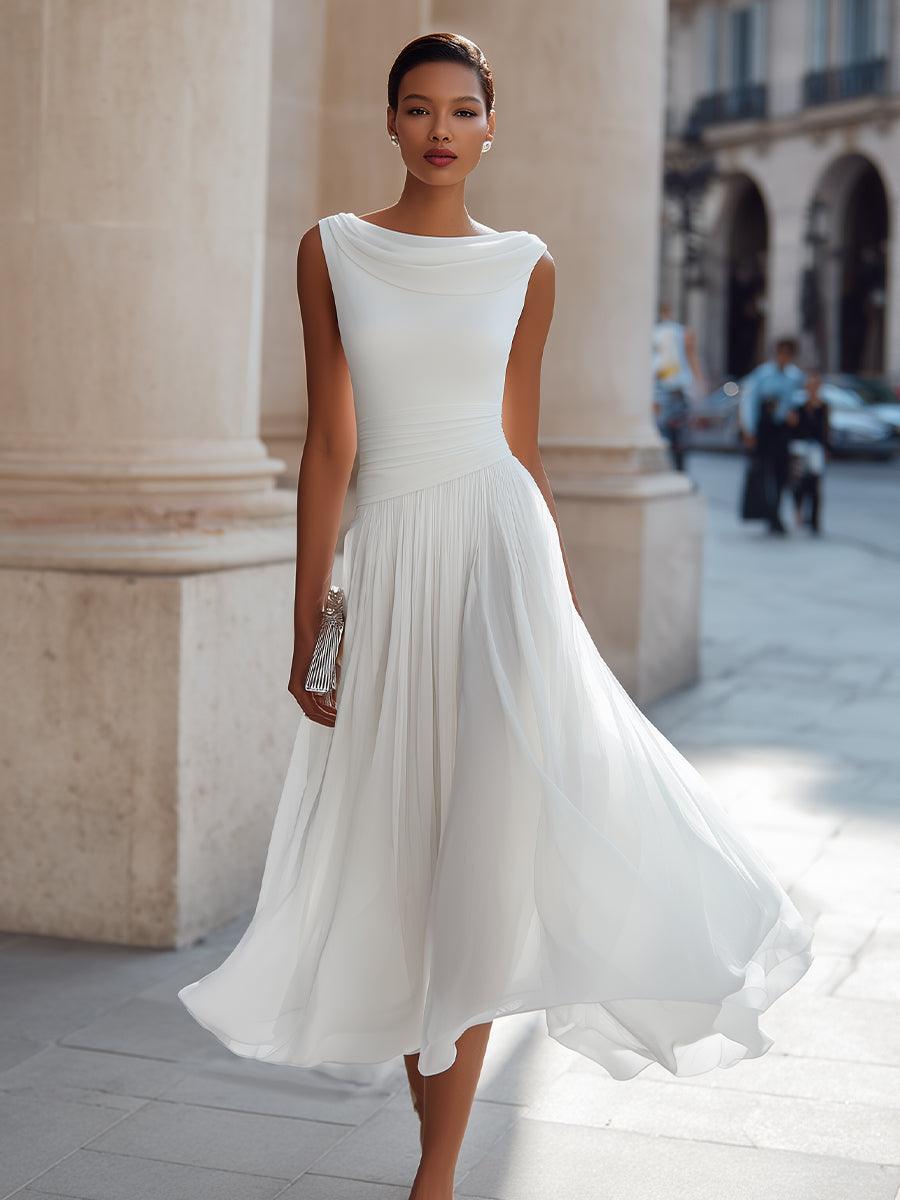 Emma | Women’s Elegant Midi Wedding Dress with Draped Neck