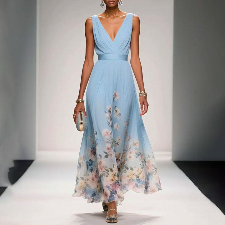 Women's Floral Border Print Sleeveless Maxi Dress - V-Neck