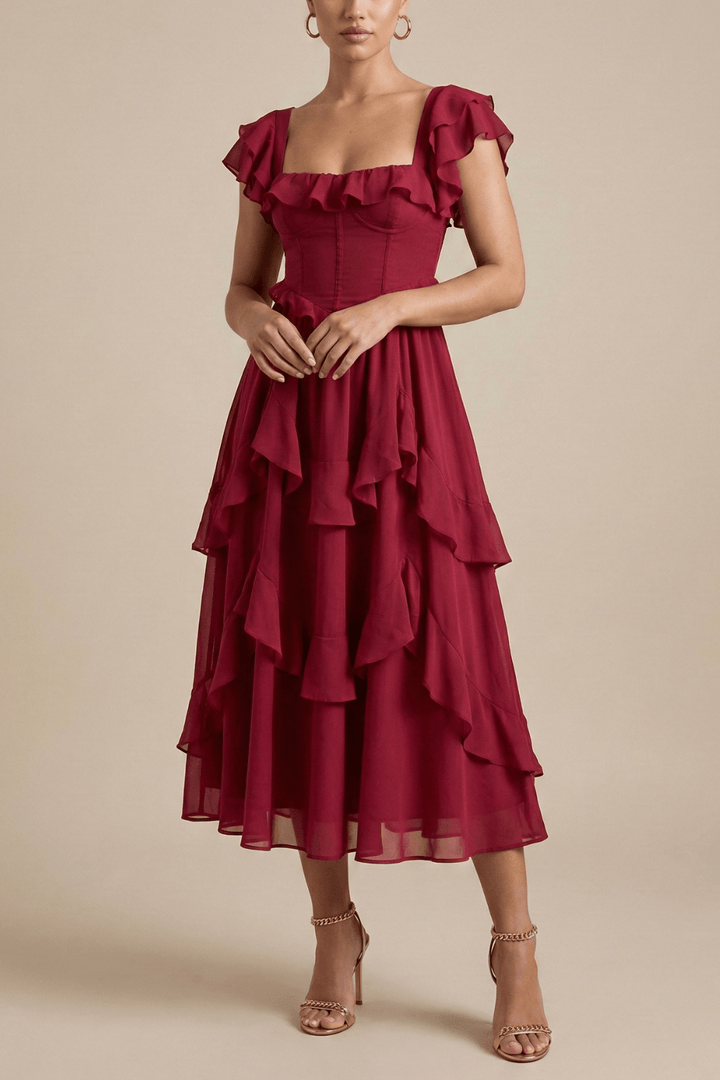 Women’s Layered Ruffle Midi Dress with Flutter Sleeves
