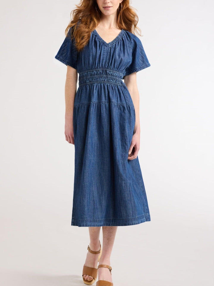 Denim Tiered Midi Dress with Pockets – Casual
