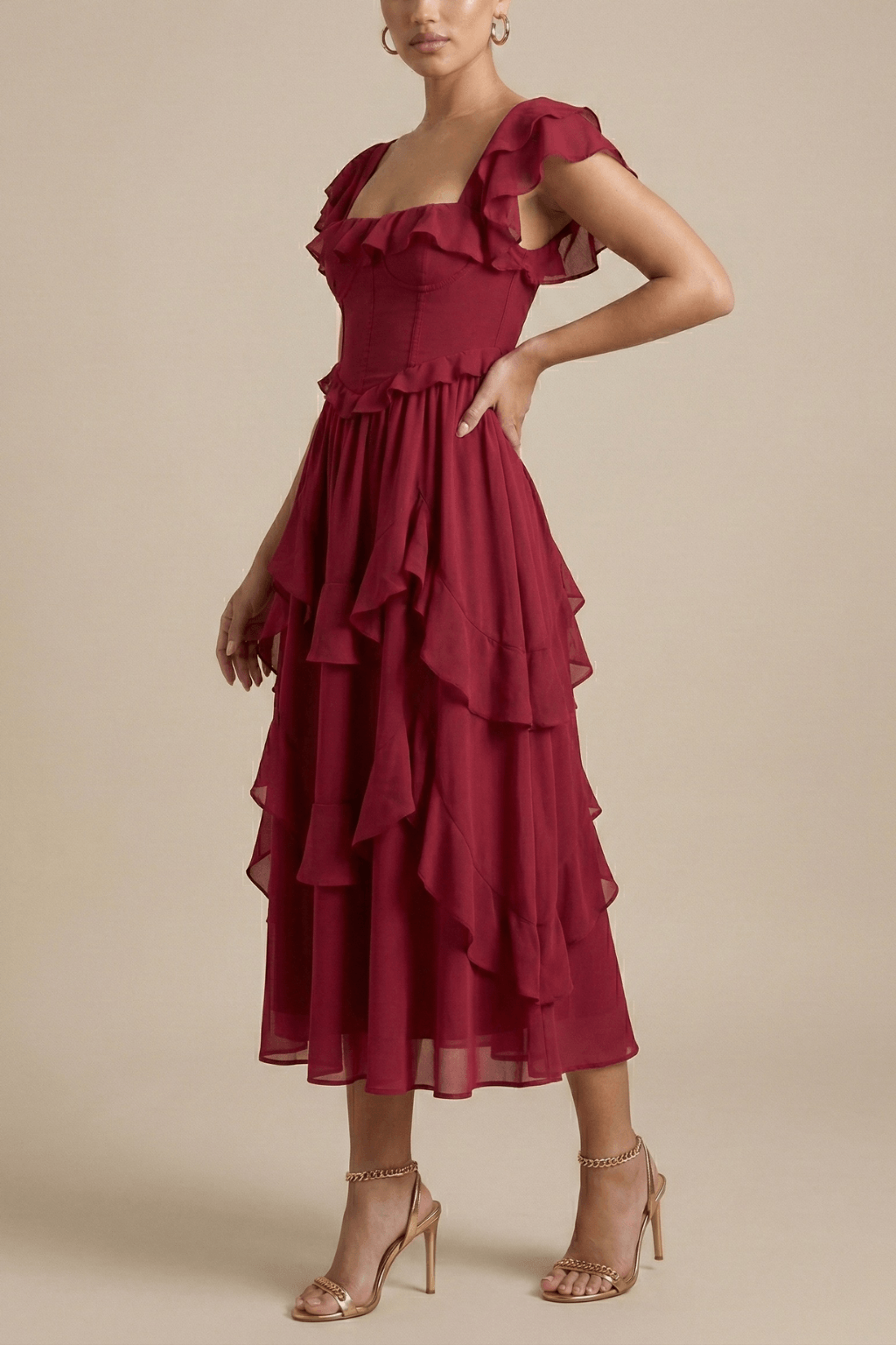 Women’s Layered Ruffle Midi Dress with Flutter Sleeves