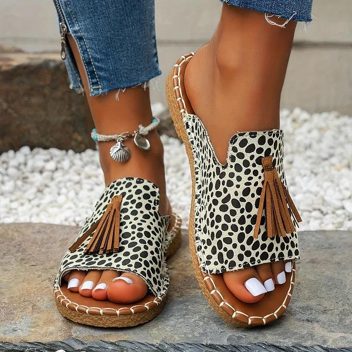 Women’s Leopard Print Slide Sandals – Flat Open Toe Summer Vacation Beach Sandals