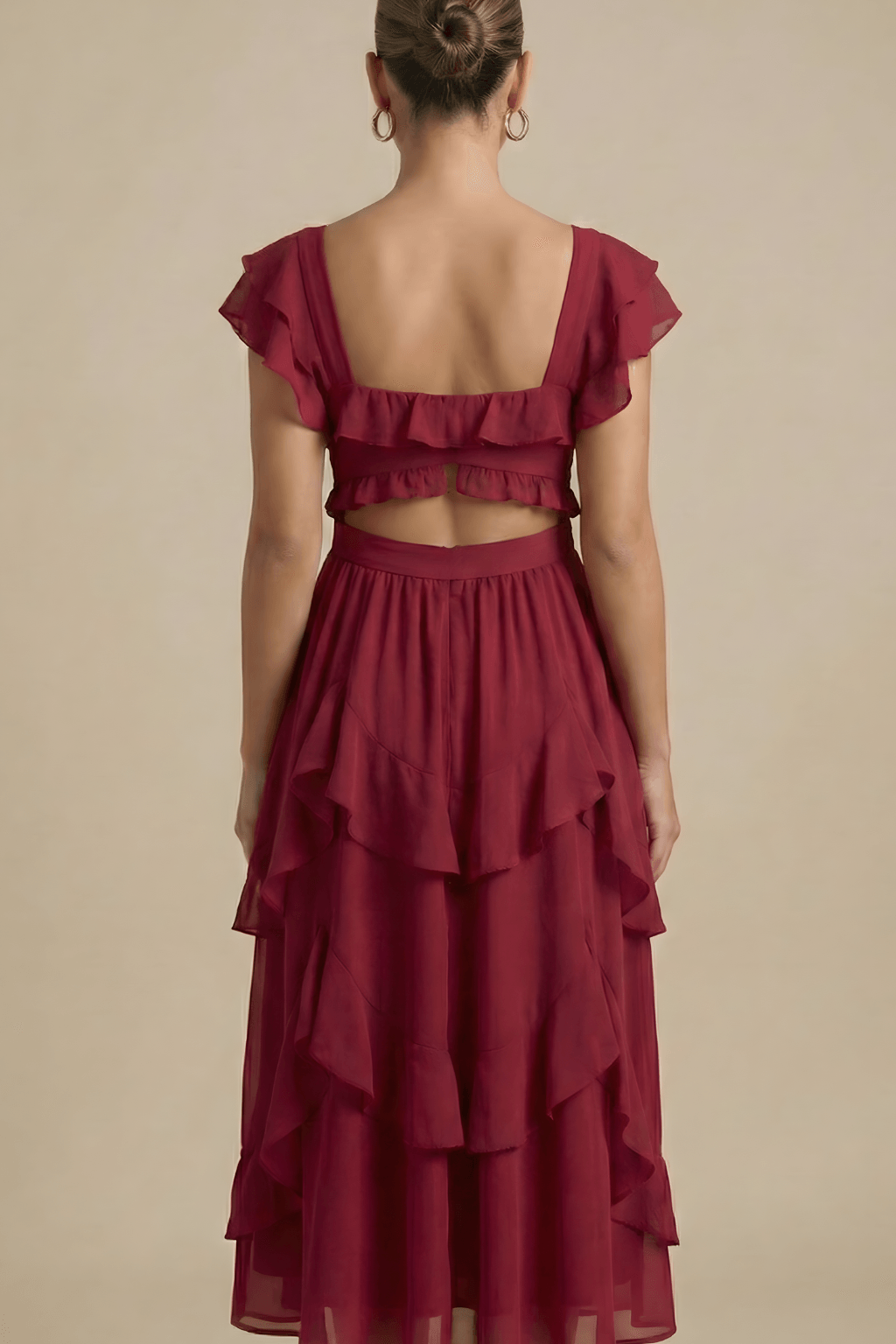 Women’s Layered Ruffle Midi Dress with Flutter Sleeves