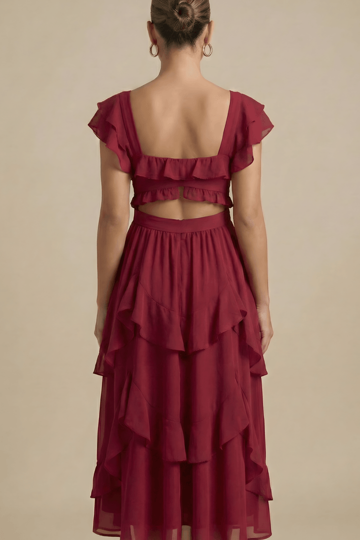 Women’s Layered Ruffle Midi Dress with Flutter Sleeves