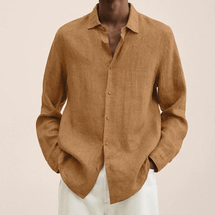 Men's Long Sleeve Linen Button Down Shirt - Spread Collar