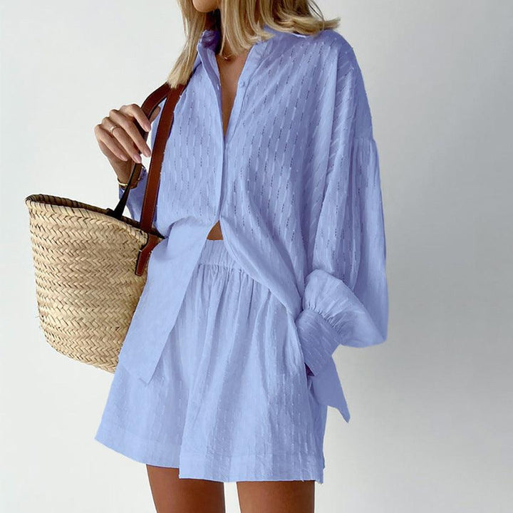 Women's Summer Set - Broderie Stripe Short Set - Oversized Long-Sleeve Shirt and Matching Shorts Casual Summer Outfit