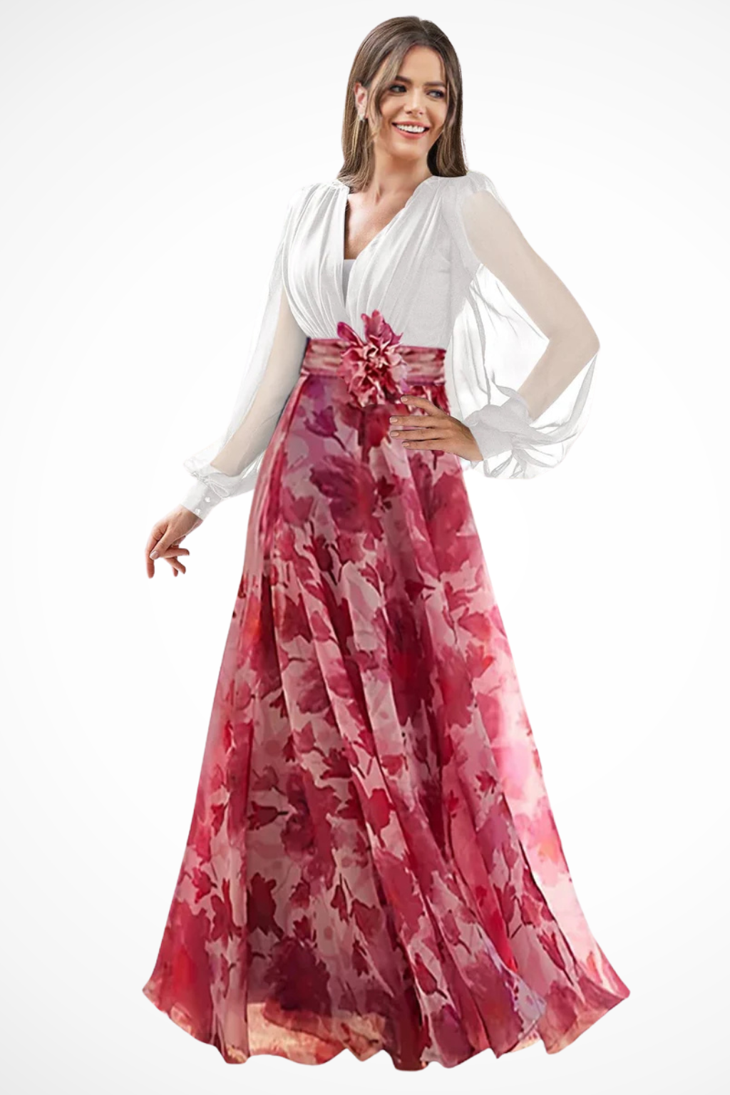 Valentina | Women V Neck Balloon Sleeve Floral Print Maxi Wedding Guest Dress
