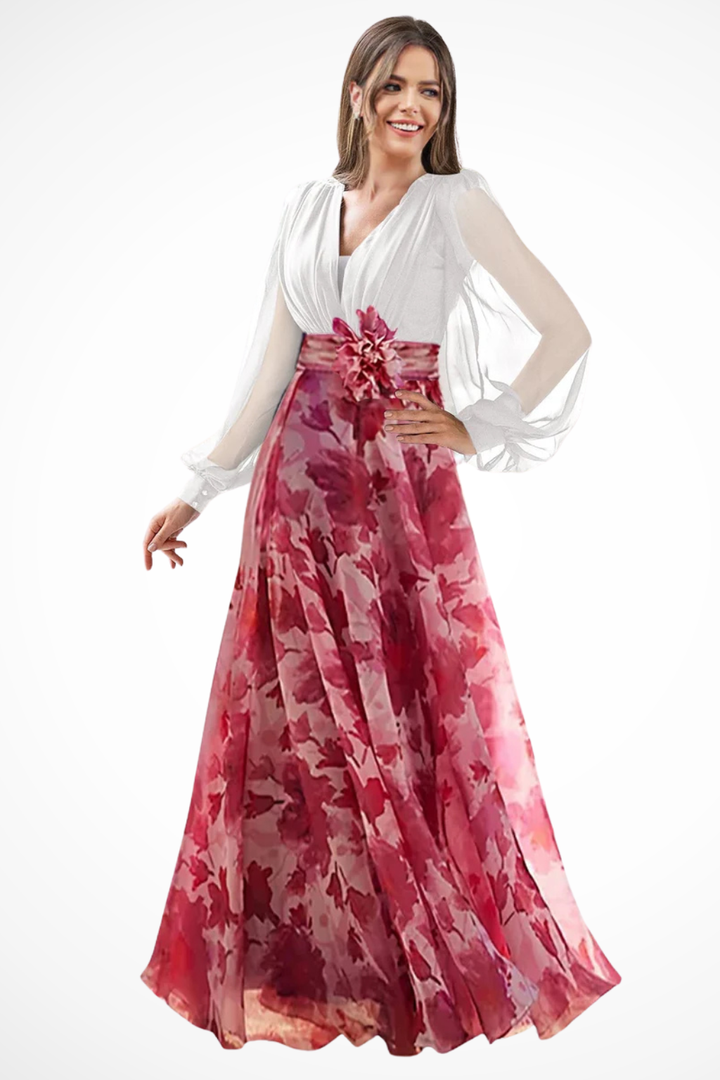 Valentina | Women V Neck Balloon Sleeve Floral Print Maxi Wedding Guest Dress