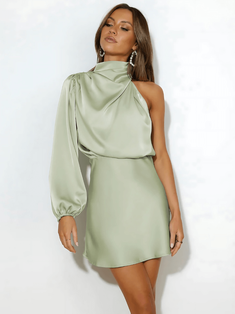 Women's Satin Mini Dress - One Shoulder - High Neck Draped Collar - Long Sleeve - Formal Mini Dress