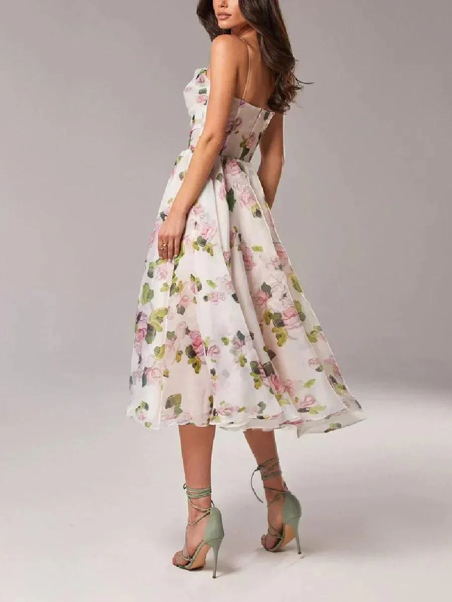 Women’s Floral Print Strapless Midi Dress with Full Skirt