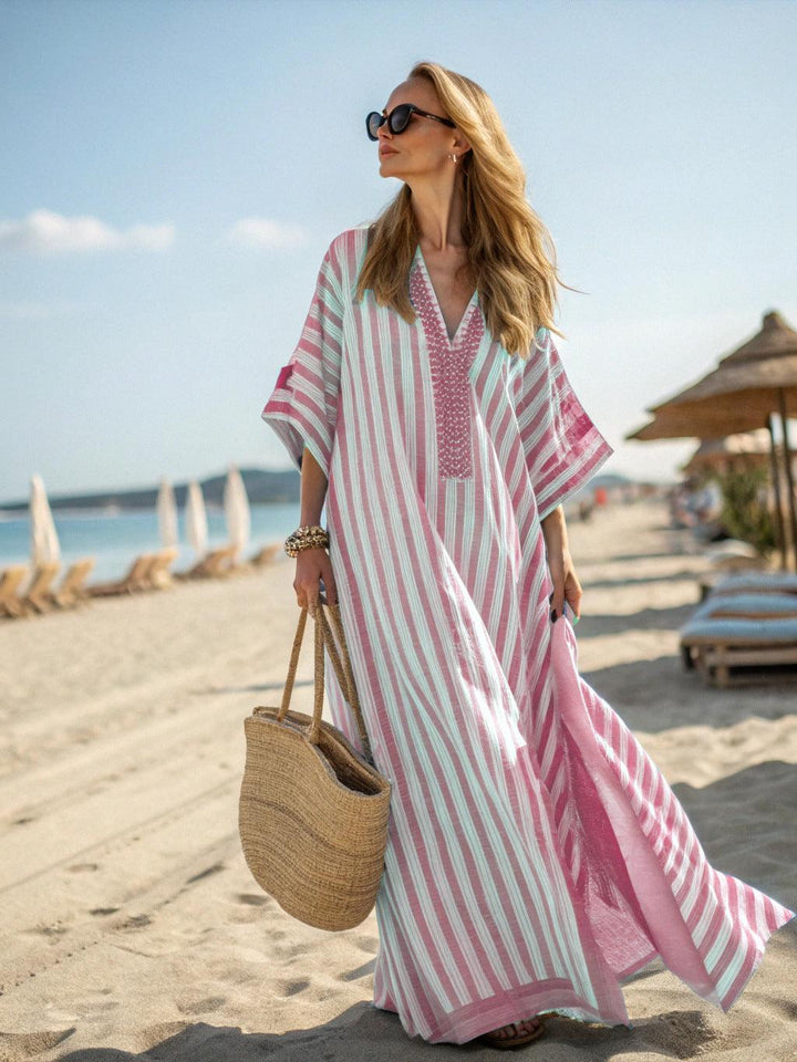 Women's Boho Maxi Dress - V-Neck Wide Sleeve Kaftan with Stripe Trim