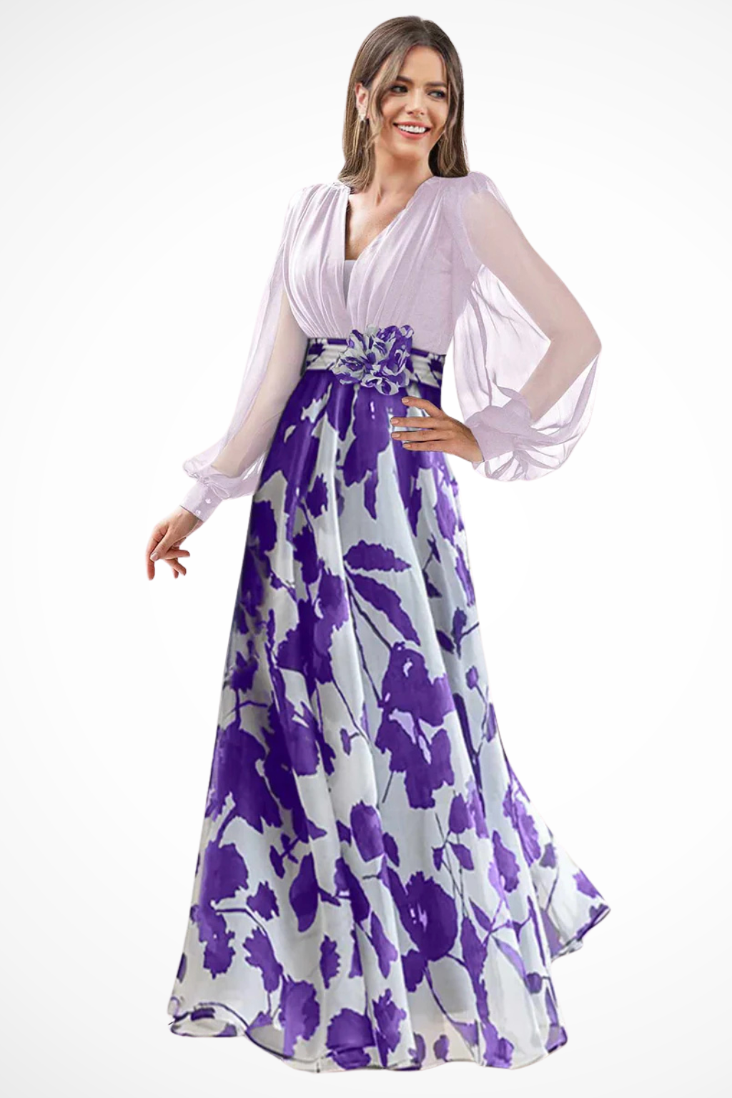 Valentina | Women V Neck Balloon Sleeve Floral Print Maxi Wedding Guest Dress